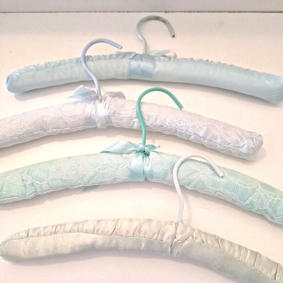 Blue & Green Padded Satin Lace Boudoir Lingerie Clothes Hangers 4 Lot - Picture 8 of 8